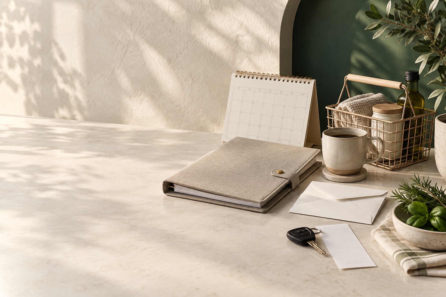 Household folder, calendar, shopping basket, letter, car key and herbs in a calm studio setting
